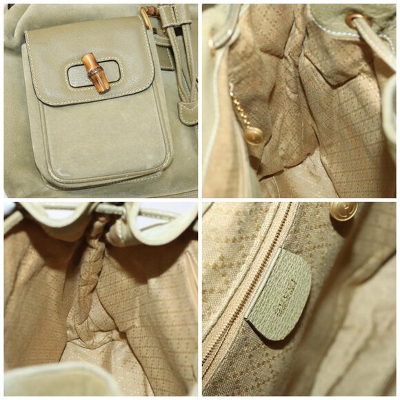 GUCCI Bamboo Backpack Suede Khaki Gold - Picture 15 of 15